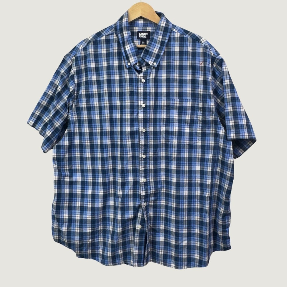 Lands End Button Down Shirt 2XL Blue Plaid Short Sleeve Casual Preppy Classic